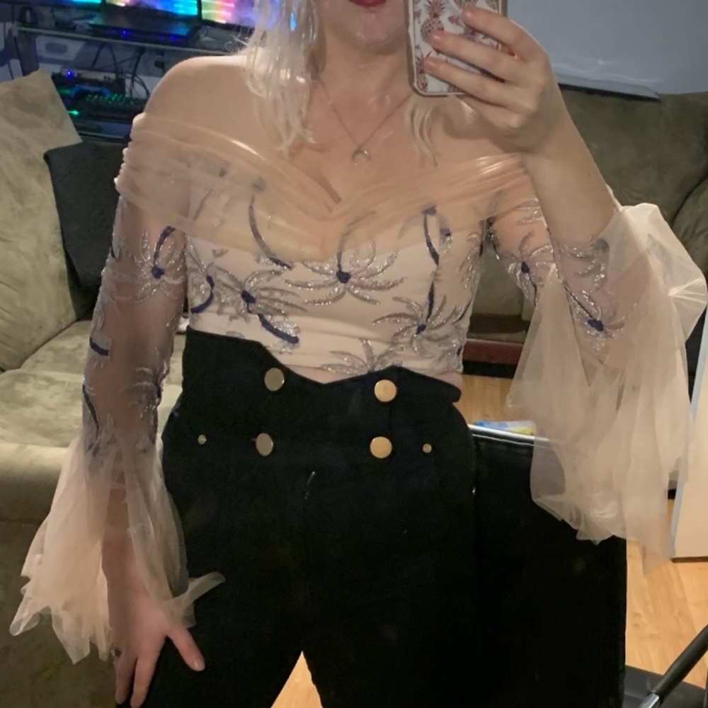 Alice McCall Blush Sheer Off-Shoulder Embroidered Top with Blue Accents